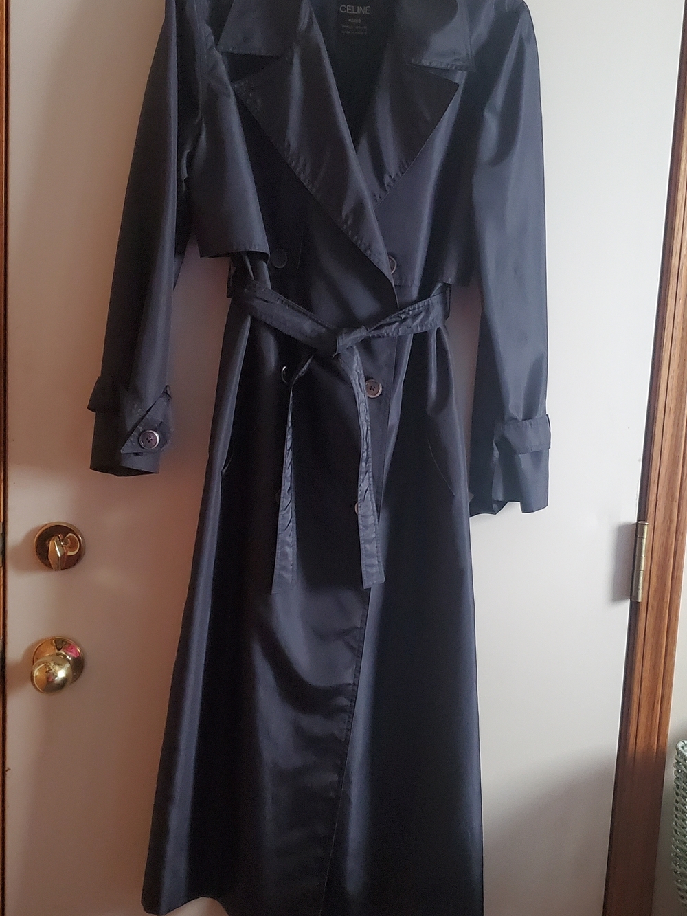 Celine Patis Vintage Navy Satin Trench Coat with Belt Polyester